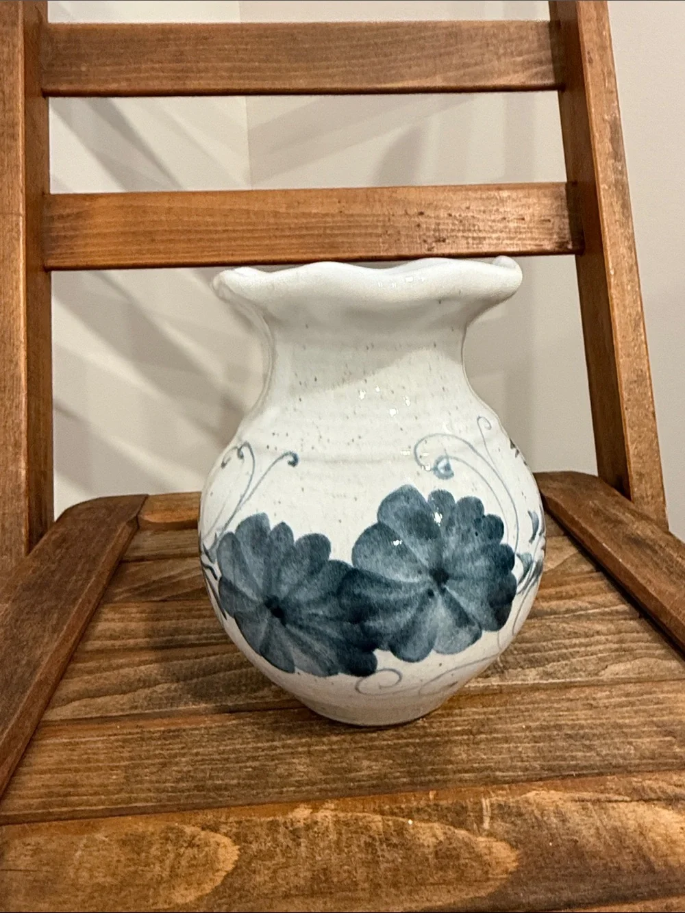 Vintage Studio Pottery Vase Hand Painted Blue Floral Speckled Stoneware 6”